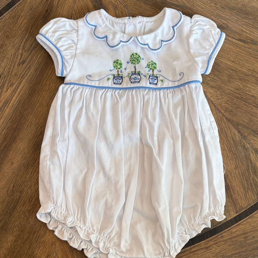 Little English White Romper with Blue Accents